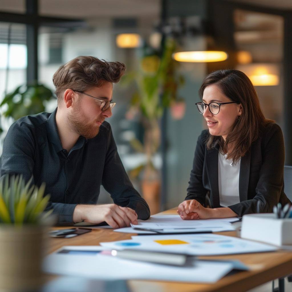 Two people collaborating in an office Two people collaborating in an office
