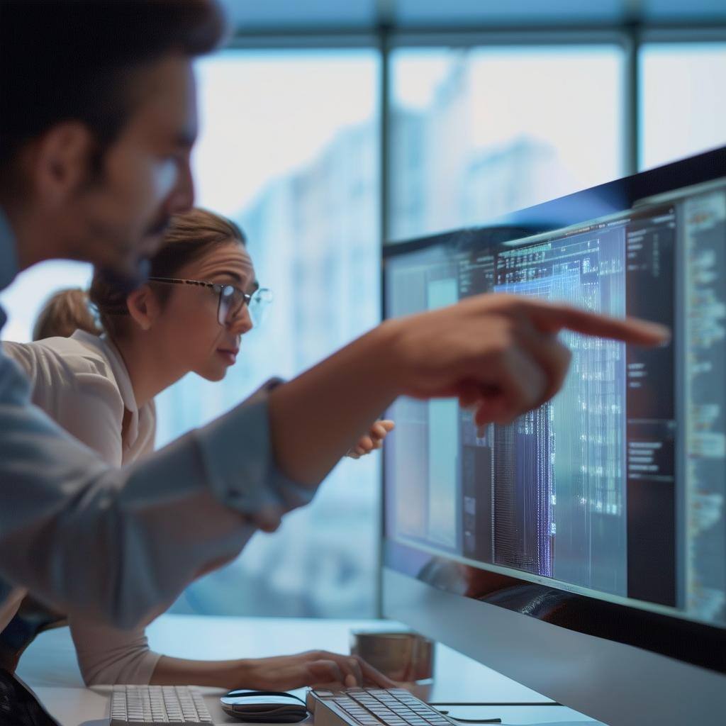 Two people pointing to a computer screen Two people pointing to a computer screen