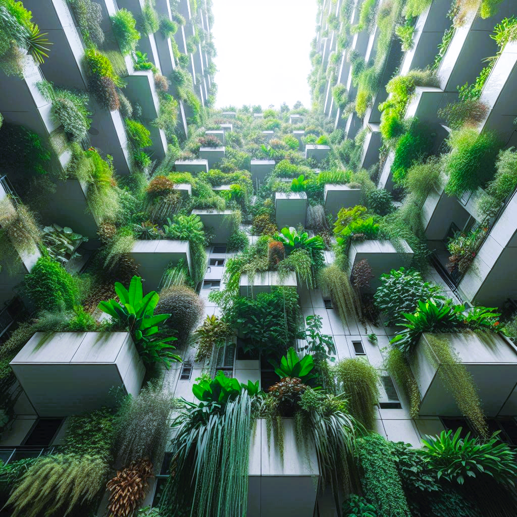 plants growing up the side of a building looking from the bottom up with many of them hanging down, less colour and more green with overhanging ledges plants growing up the side of a building looking from the bottom up with many of them hanging down, less colour and more green with overhanging ledges